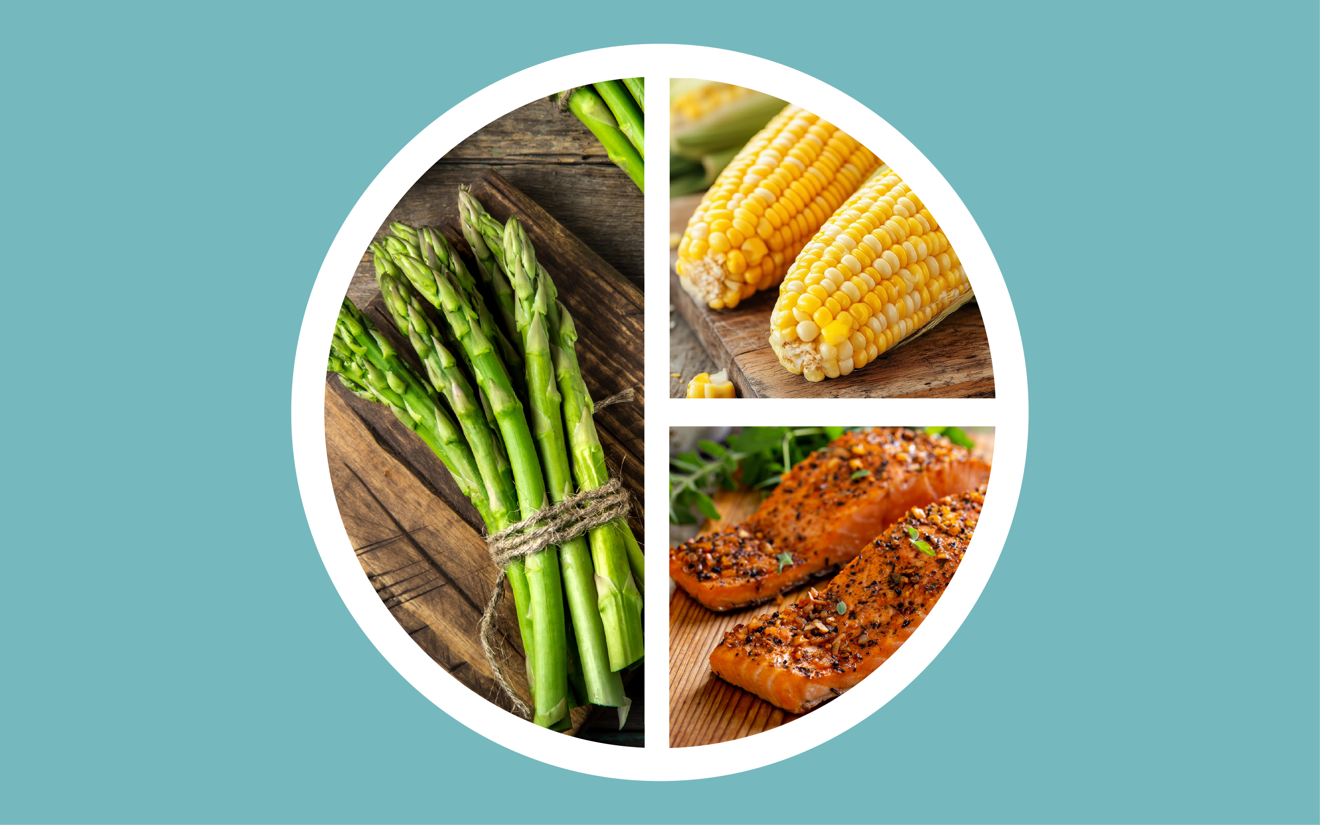 A plate with servings of asparagus, corn, and salmon.